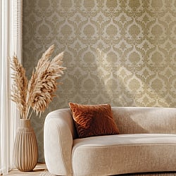 Galerie Wallcoverings Product Code 25722 - Cottage Chic Wallpaper Collection - Beige Colours - A traditional damask on a woven effect background, giving a classical, formal edge to any interior scheme Design