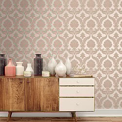 Galerie Wallcoverings Product Code 25724 - Cottage Chic Wallpaper Collection - Pink Colours - A traditional damask on a woven effect background, giving a classical, formal edge to any interior scheme Design
