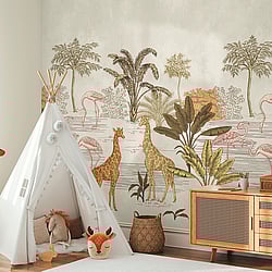 Galerie Wallcoverings Product Code WH45241M - Welcome Home Murals Wallpaper Collection - Beige, Yellow, Pink Colours - Giraffes and Flamingos by the Water Design